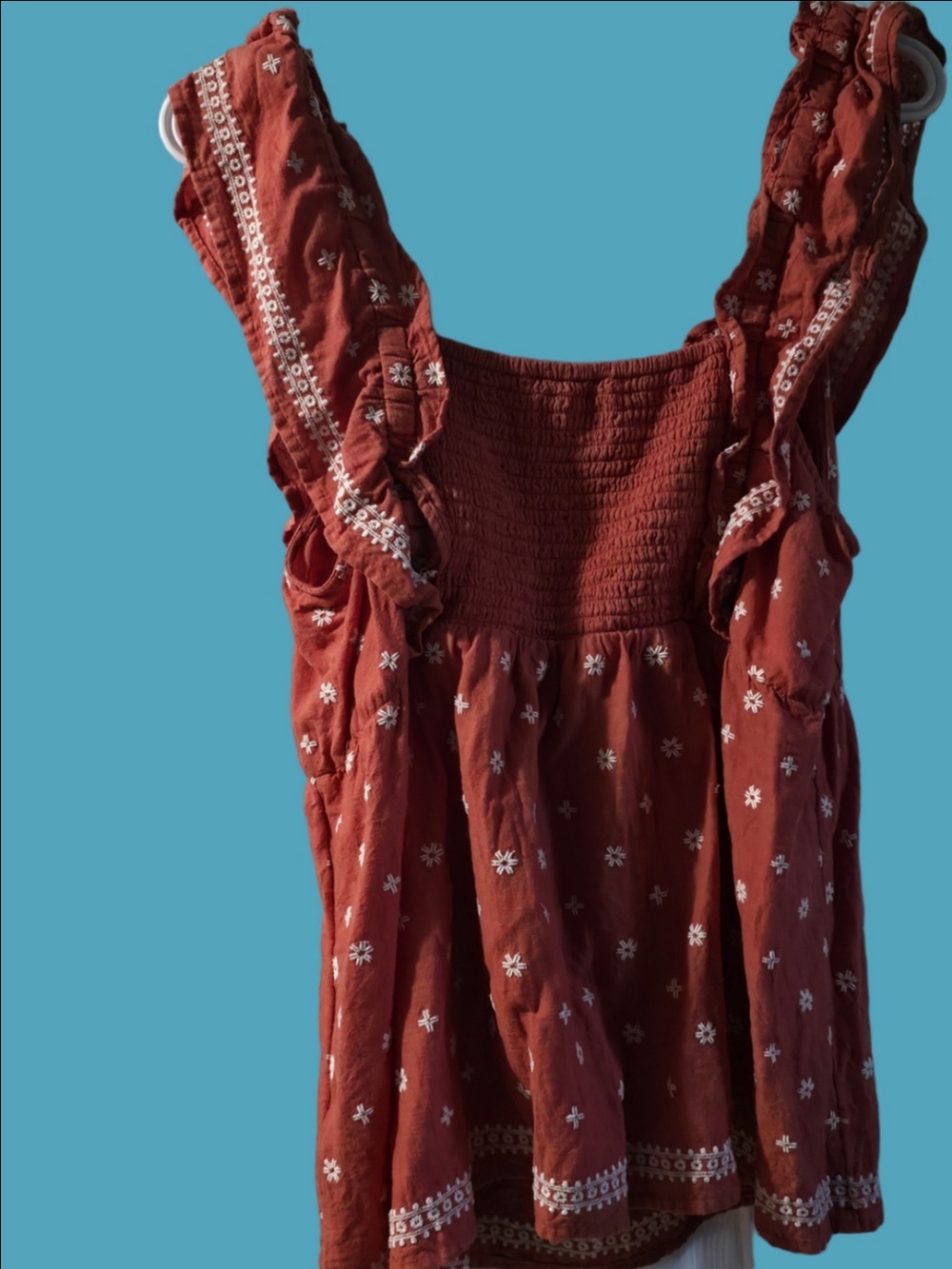 4/$25 Deal! Rust Red Floral Embroidered Smocked Tank Top